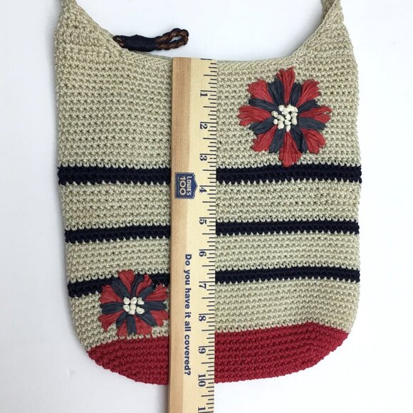 The Sak Ivory Crochet Crossbody Bag Blue Stripes Red Flowers Boho Hippie Purse - Picture 10 of 12